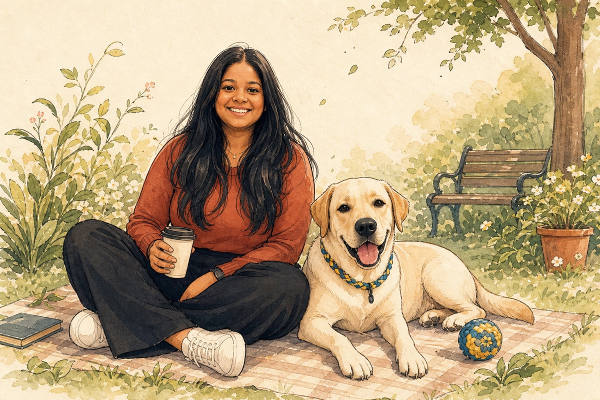 Hand-drawn Akhila sitting in a park with coffee, a ball, and Chico the dog